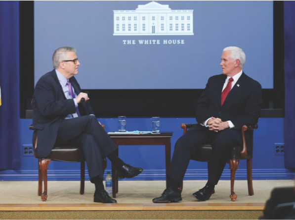 Vice President Mike Pence speaks with Distinguished Policy Fellow Peter Robinson during the Hoover Winter Board of Overseers Meeting in Washington, DC, February 24, 2020